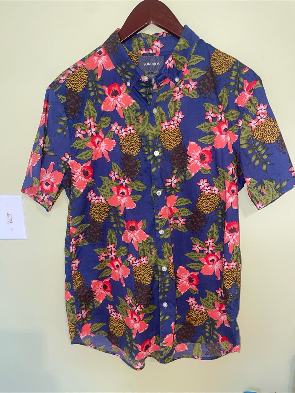 Bonobos Navy Floral Short Sleeve Button-Down with Pink & Green Accents Slim Fit